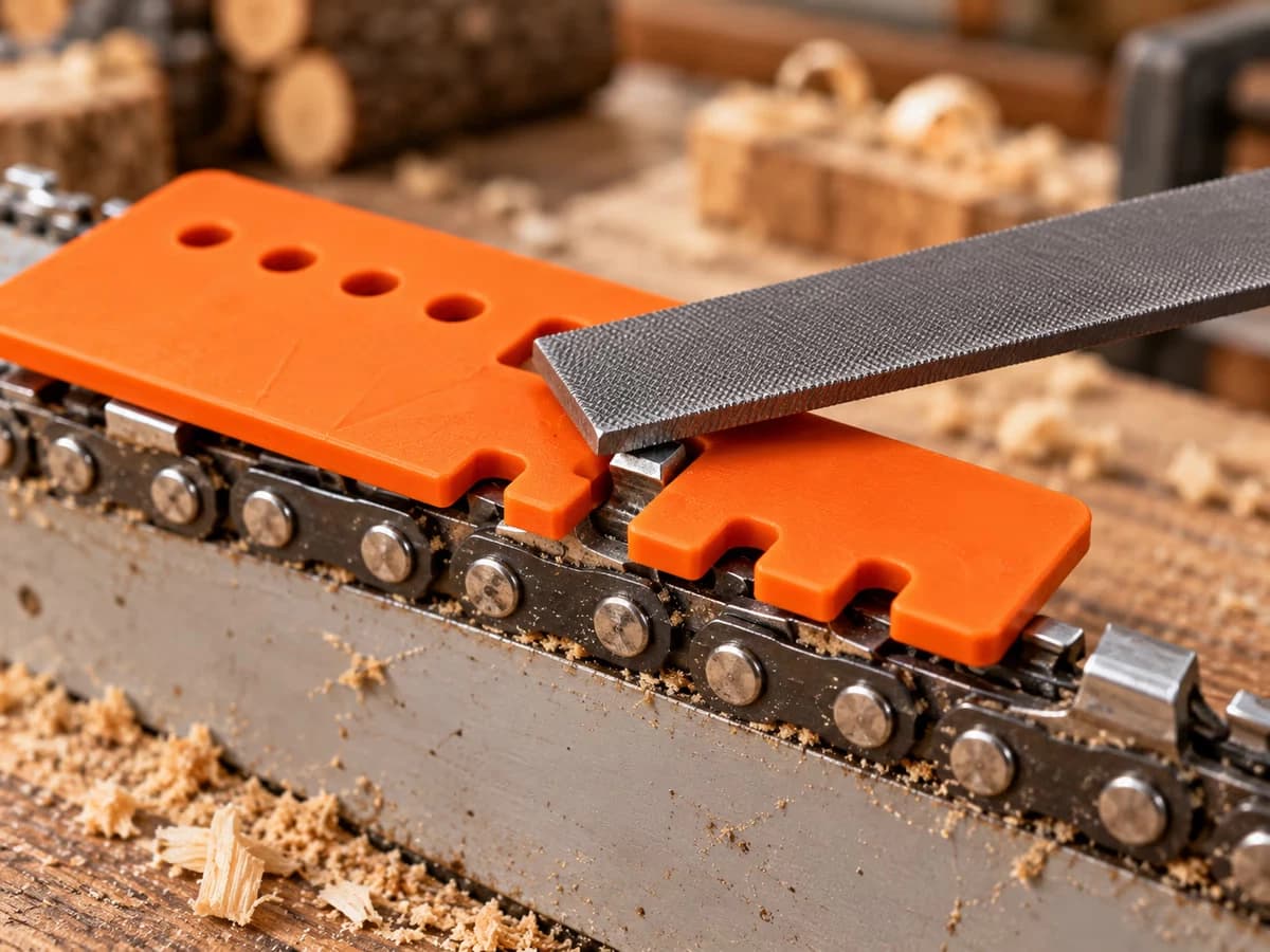 Jauge de profondeur orange posée sur une chaîne de tronçonneuse, lime plate rectifiant la pointe d'un limiteur qui dépasse