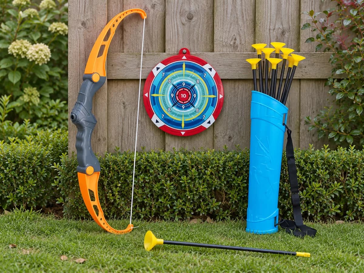 Arc enfant orange à poignée grise, cible à anneaux rouge et bleu et carquois bleu garni de flèches à embout ventouse, devant une palissade de jardin