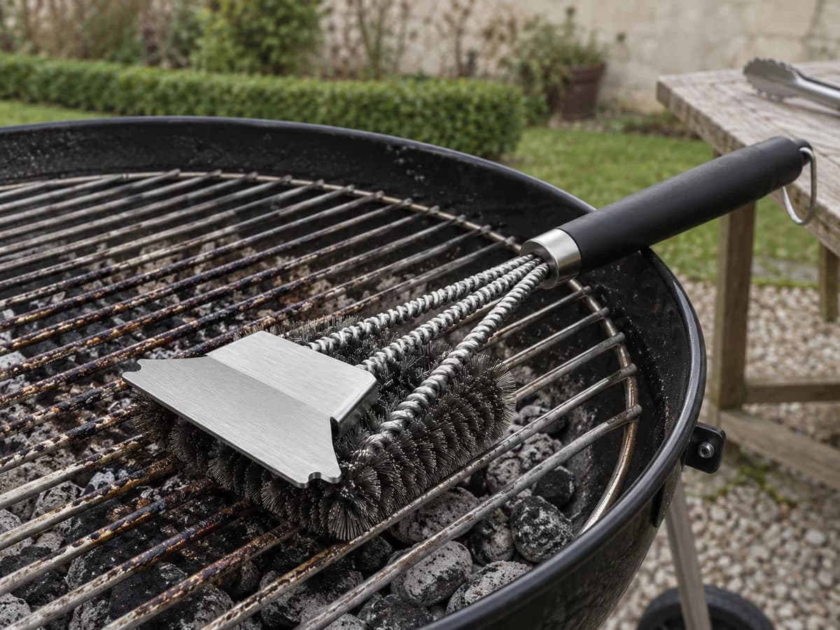 Brosse de barbecue à tête de rouleaux inox et grattoir métallique posés sur la grille chaude d'un barbecue à charbon