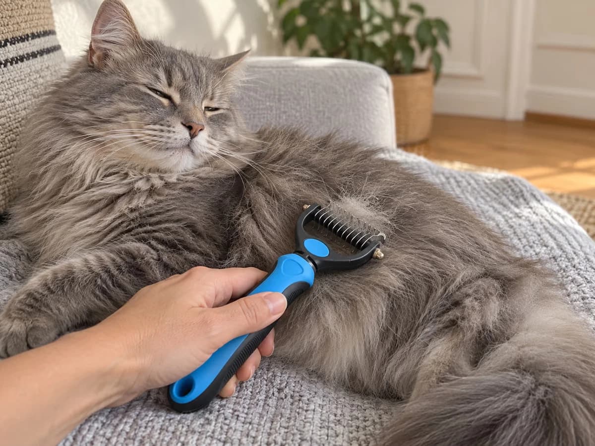 Chat à poil long allongé sur un coussin, brossé au peigne à sous-poil à manche bleu, dans un séjour lumineux