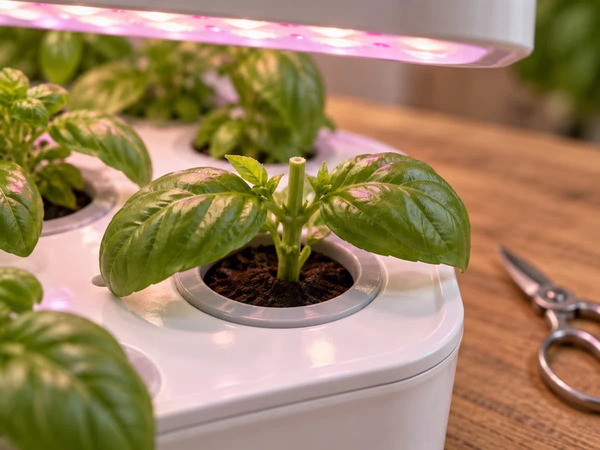 Sommet d'un pied de basilic dont la hampe florale vient d'être retirée, deux jeunes pousses visibles à l'aisselle des feuilles sous la lumière