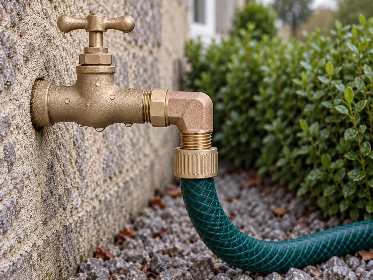 Coude laiton vissé sur une arrivée d'eau de façade, ligne repartant le long du mur, espace libre devant la pièce