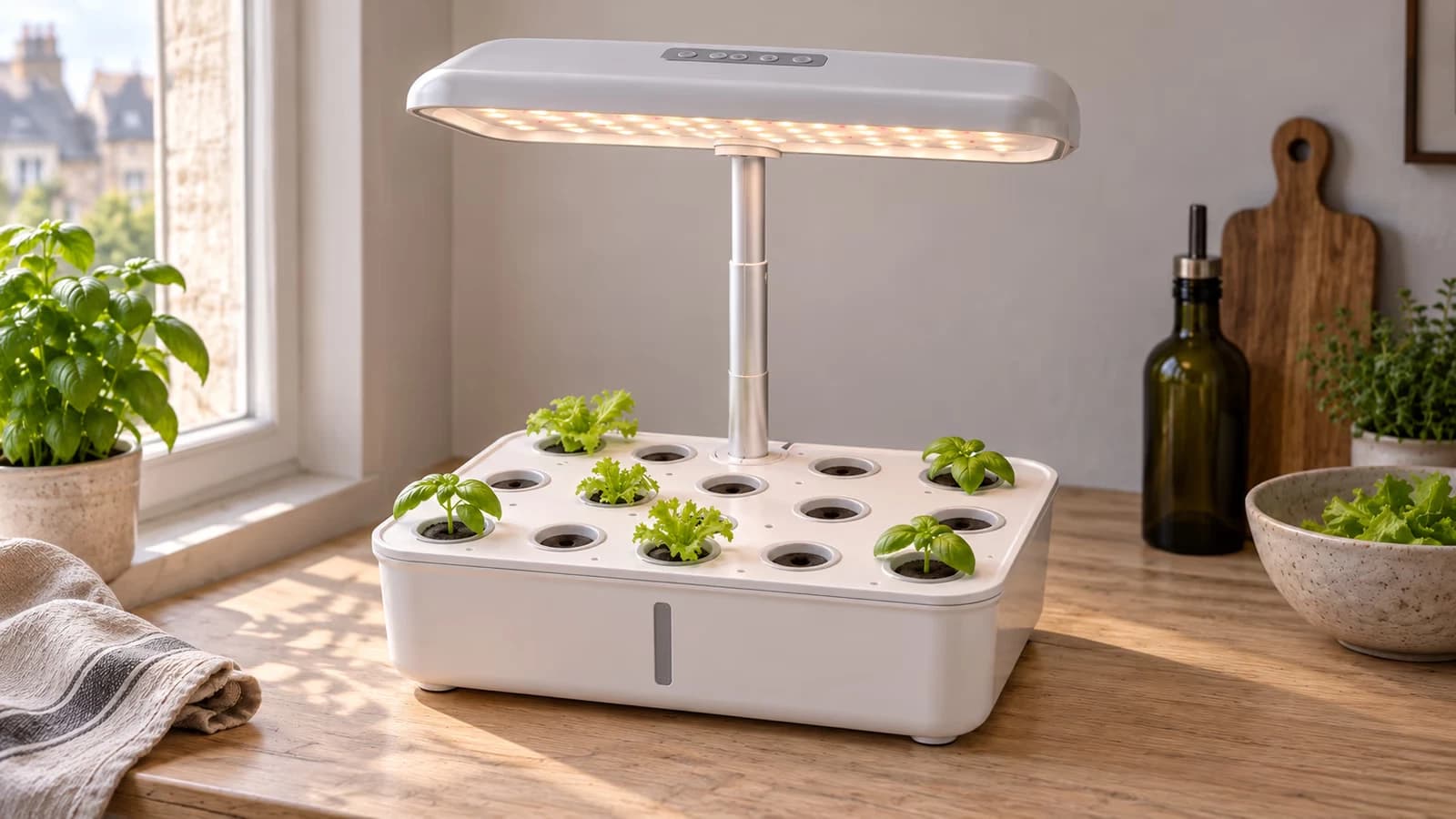 Système hydroponique de comptoir sur un plan de travail clair, capuche lumineuse allumée au-dessus de jeunes pousses d'aromatiques