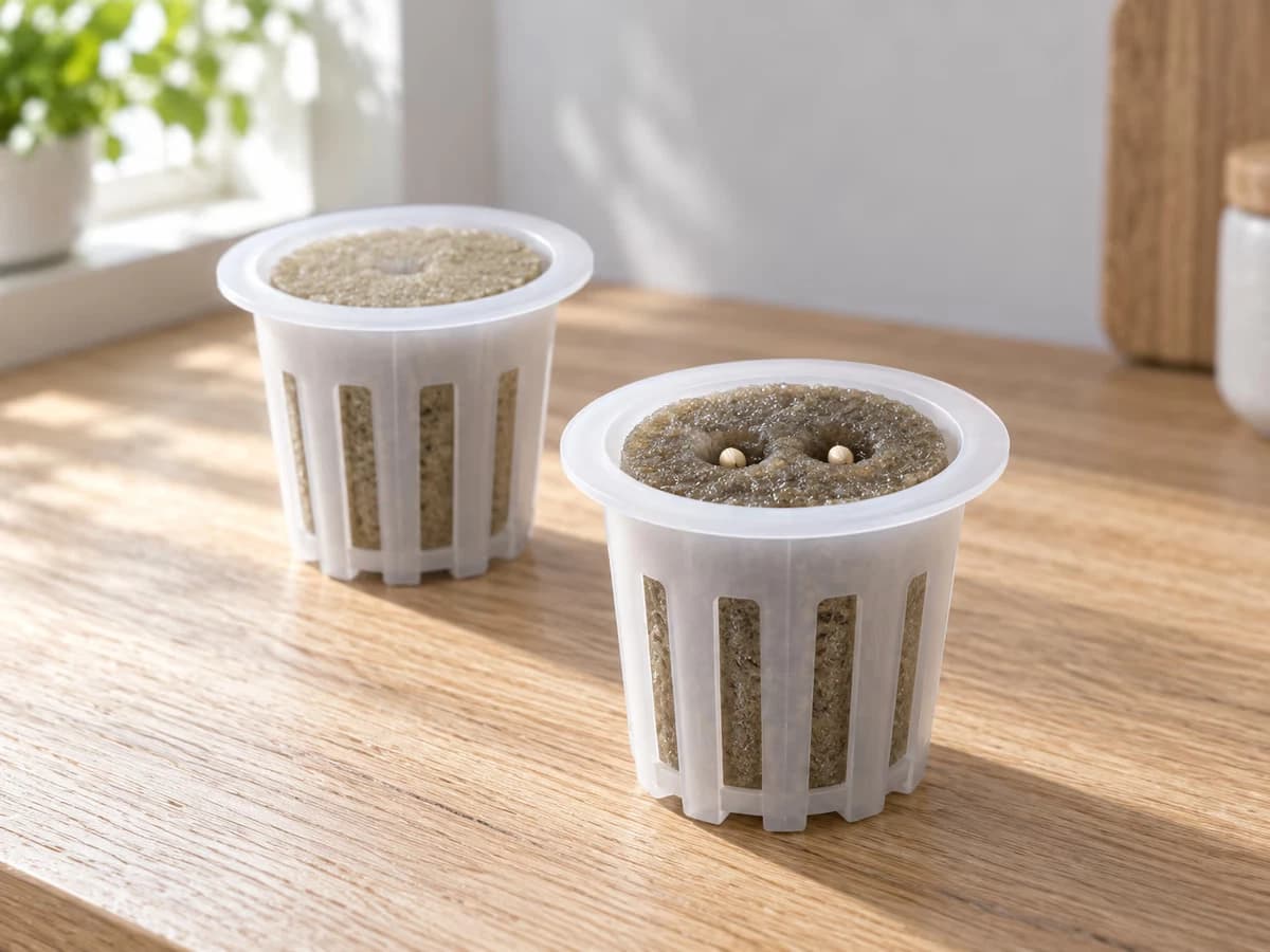Éponge de culture humidifiée dans un godet net, deux graines posées à sa surface avant enfoncement du doigt