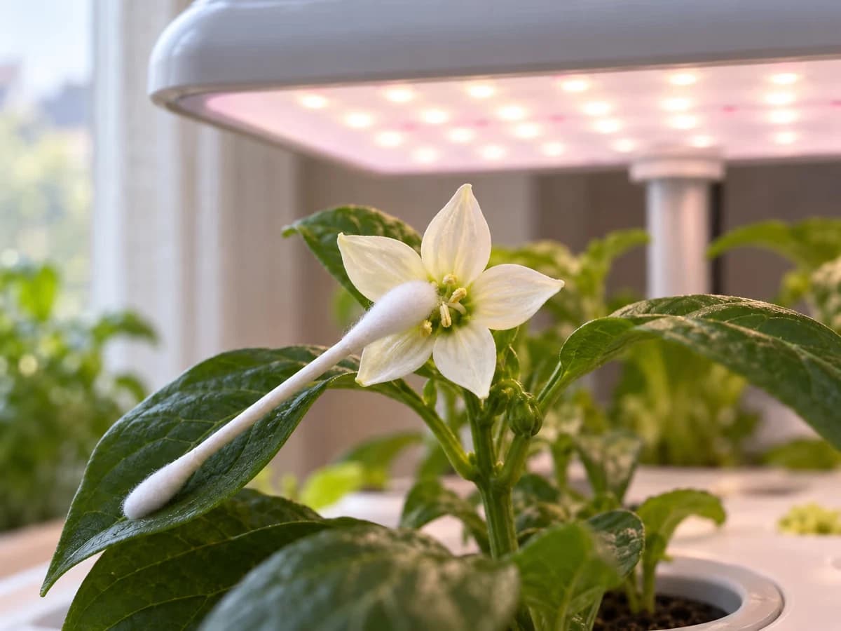 Fleur de poivron ouverte sur un plant de comptoir, coton-tige promené au centre de la corolle sous la capuche lumineuse