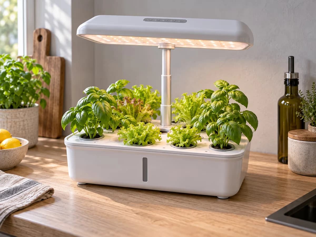 Main réglant la hauteur du mât d'un lampadaire hydroponique au-dessus de plants d'aromatiques, capuche lumineuse allumée