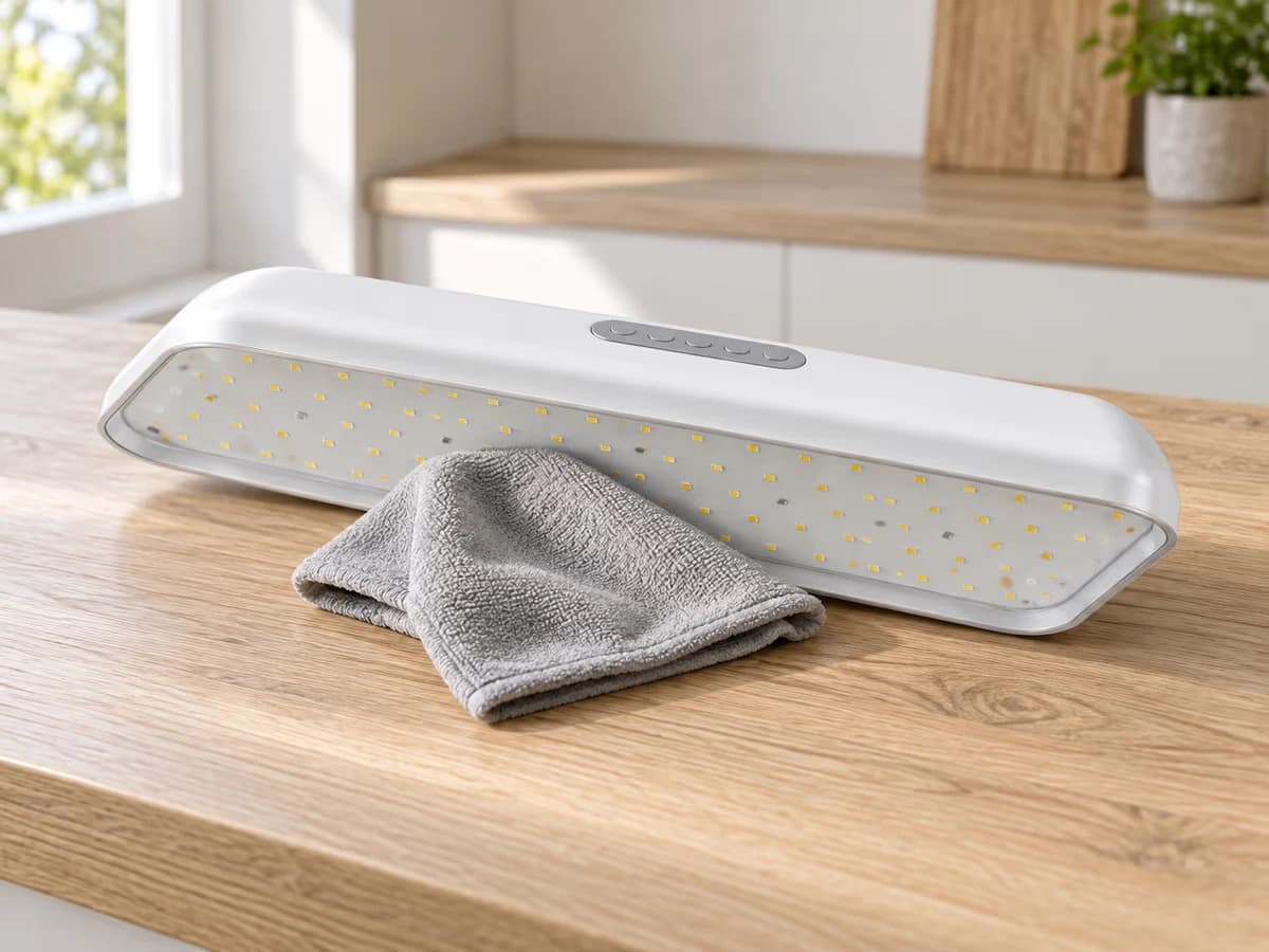 Plaque LED d'une capuche lumineuse posée à plat sur un plan de travail, essuyée au chiffon doux sur sa face inférieure