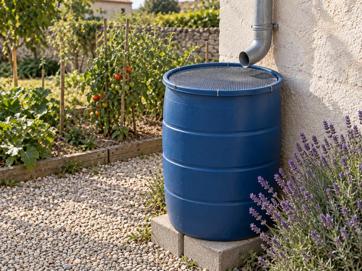 Fût de récupération d'eau de pluie couvert d'une grille fine sous une gouttière, massif de fleurs et potager en arrière-plan