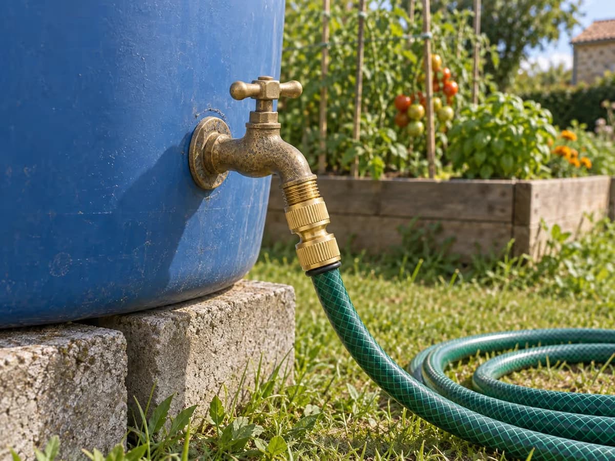 Raccord rapide laiton à arrêt d'eau clipé sur la sortie d'un robinet de cuve, tuyau d'arrosage vert enroulé au pied du fût