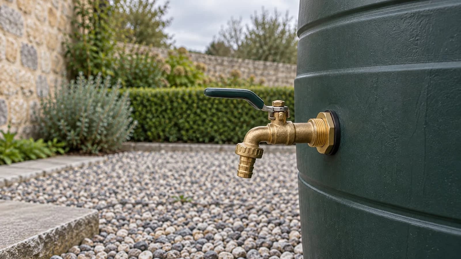 Traversée de paroi en laiton montée sur un fût de récupération d'eau de pluie, avec son robinet vissé sur le filetage extérieur
