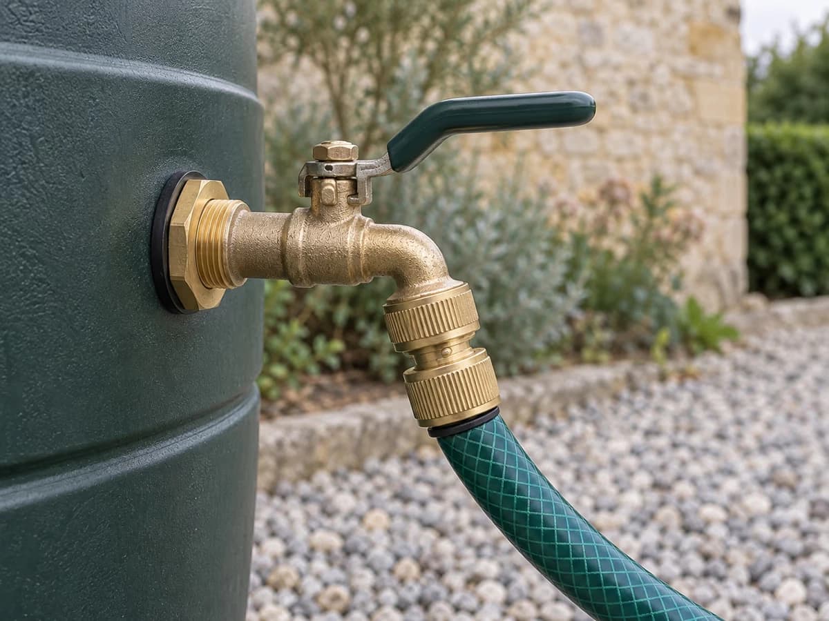 Robinet de cuve de récupération équipé d'un raccord rapide femelle, tuyau d'arrosage vert emboîté dans la cour