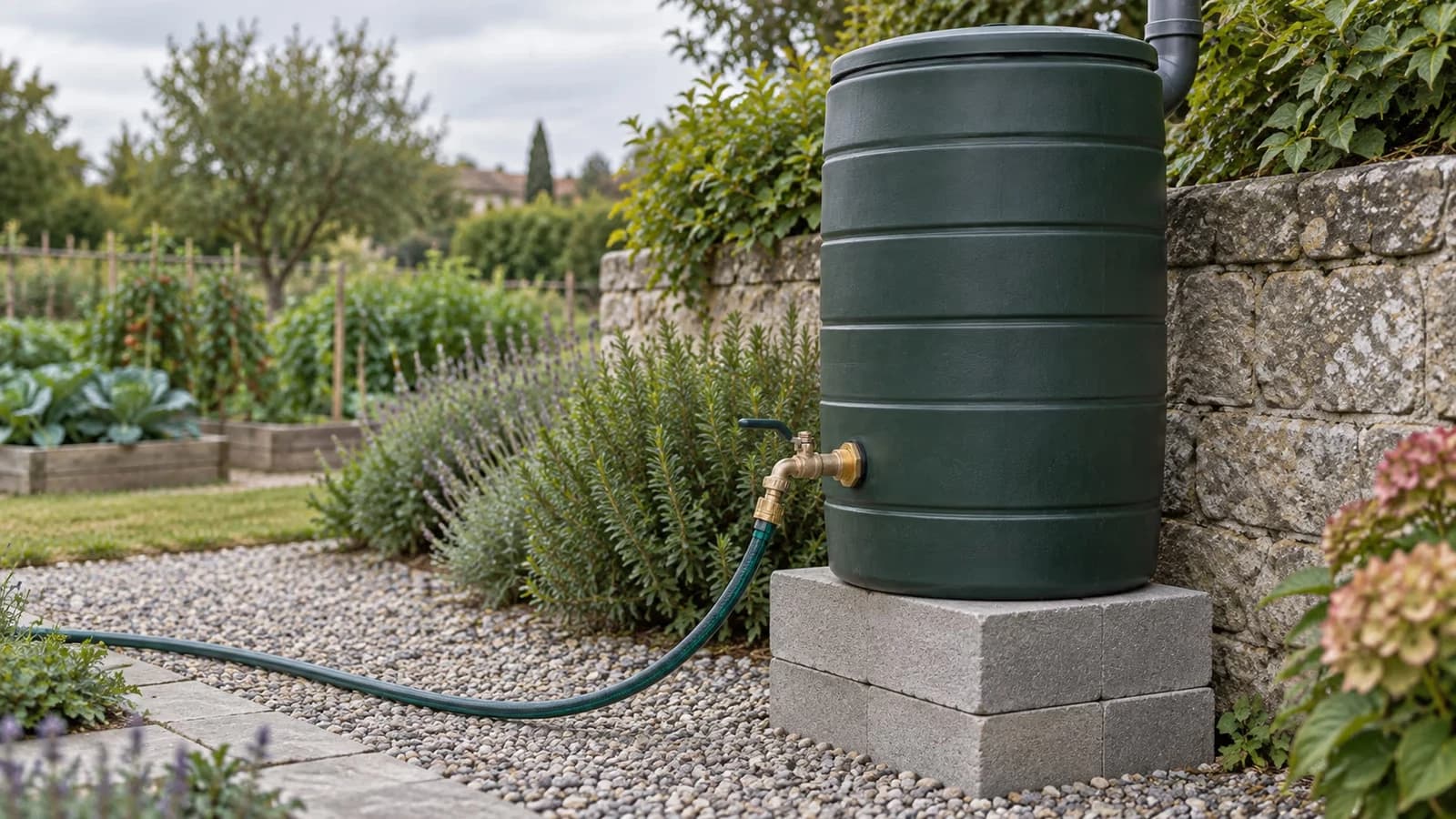 Cuve de récupération d'eau de pluie posée sur un support de parpaings, tuyau d'arrosage branché sur la sortie basse au fond du jardin