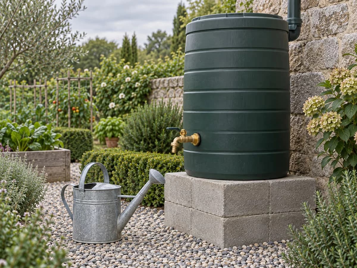 Cuve de récupération d'eau de pluie surélevée sur des parpaings contre un mur de jardin, robinet à hauteur d'arrosoir