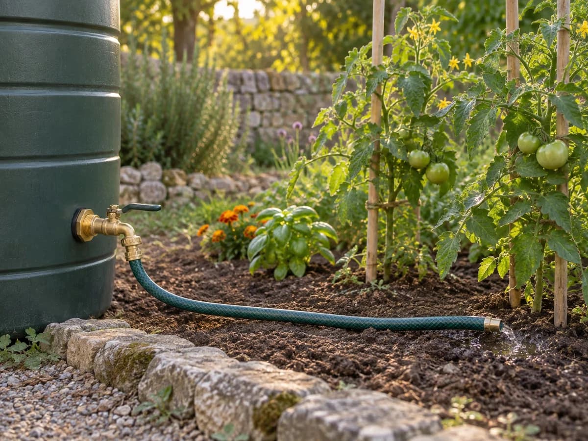 Tuyau d'arrosage court branché sur la sortie basse d'une cuve de récupération, au pied de plants de tomates dans un potager