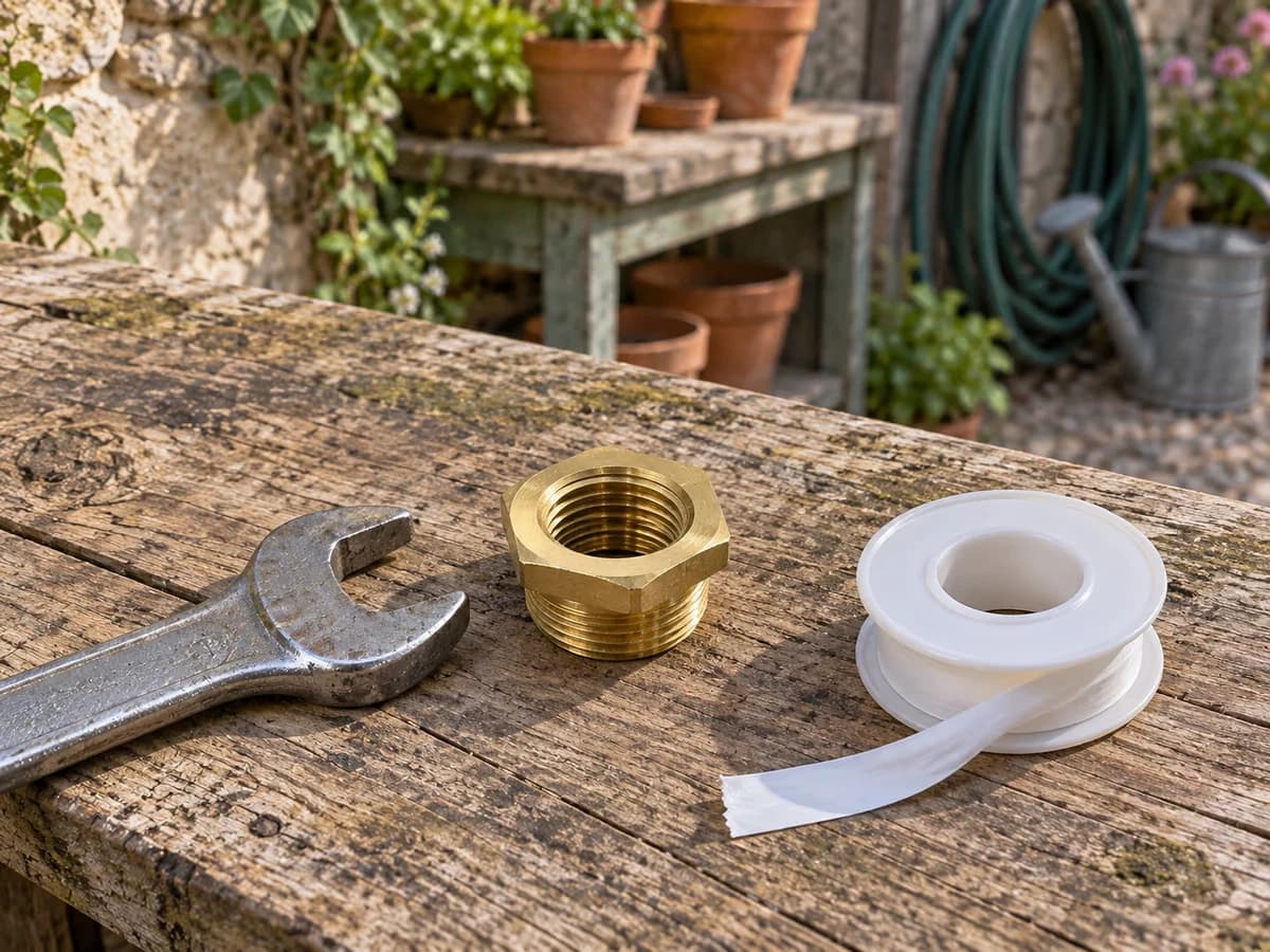 Raccord réducteur laiton posé près d'une clé plate et d'une bande de ruban d'étanchéité sur un établi de jardin