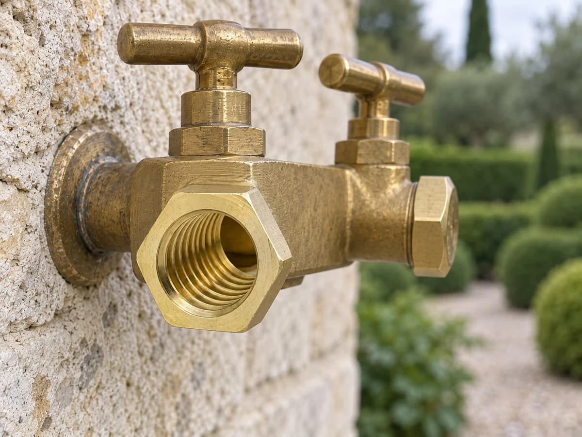 Sortie femelle taraudée d'un répartiteur laiton fixé à un mur de jardin, filets visibles à l'intérieur du logement