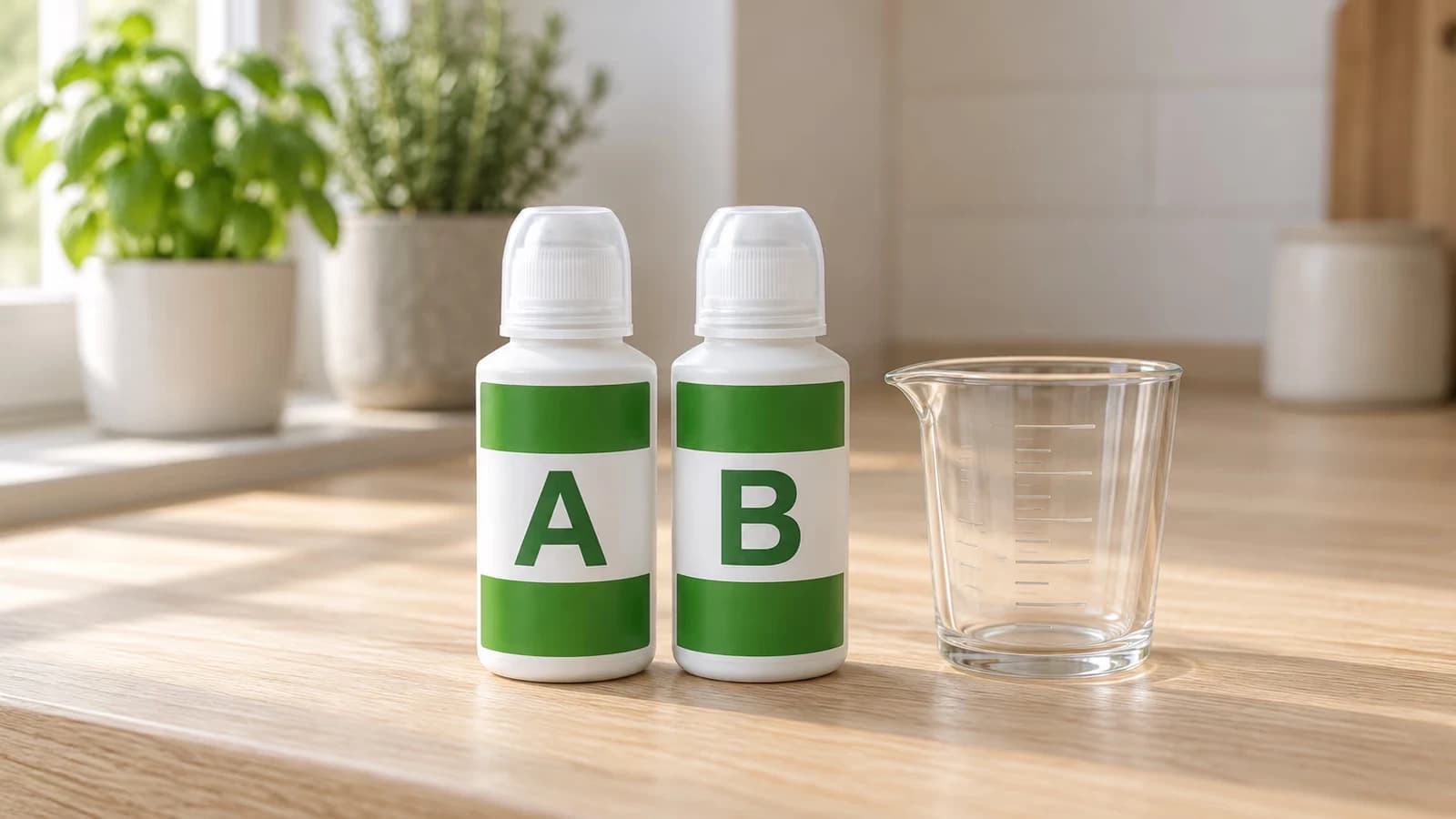 Deux flacons de solution nutritive A et B posés debout sur un plan de travail clair, un verre doseur gradué à côté