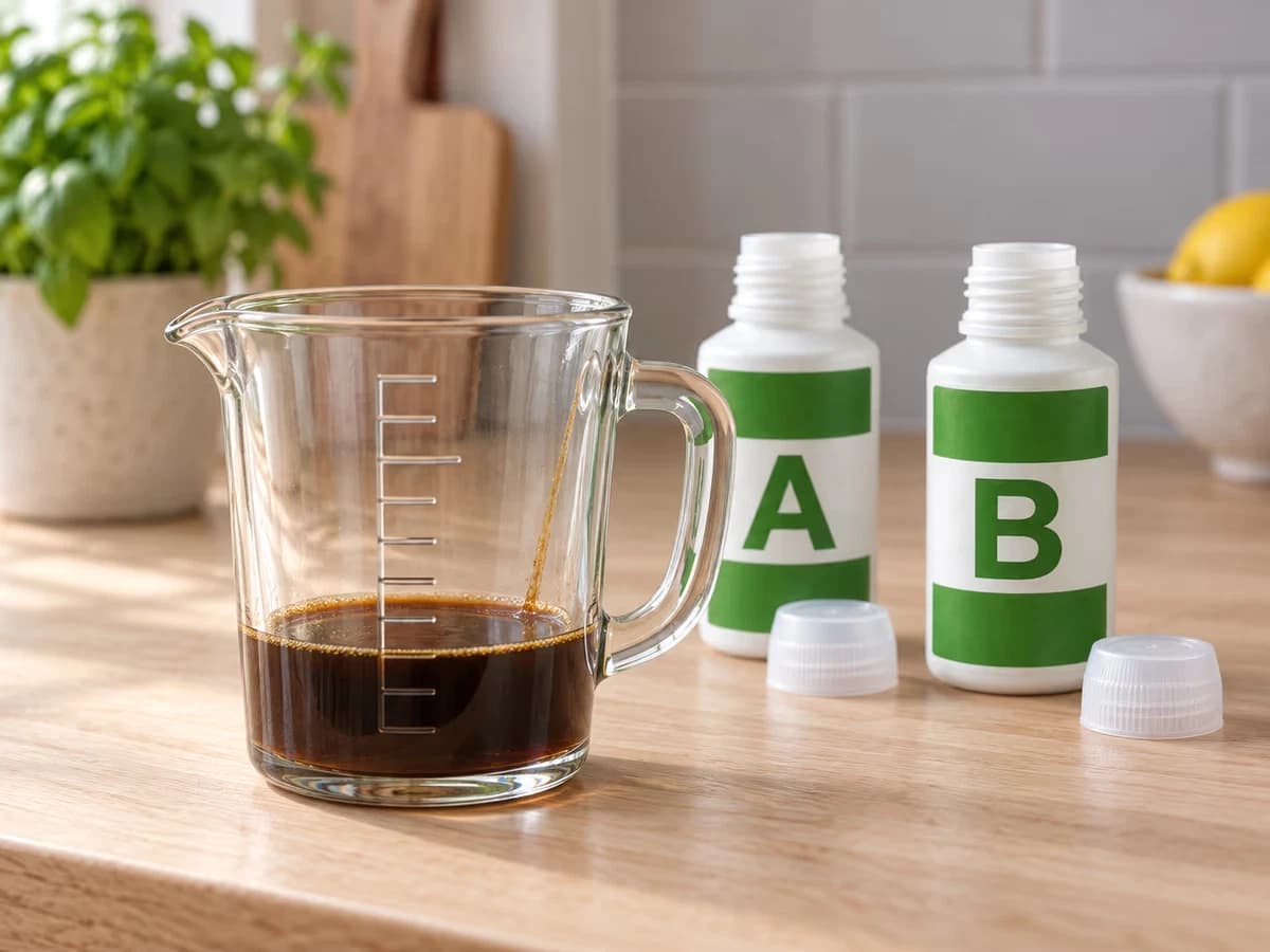 Verre doseur gradué en verre posé sur un plan de travail, un trait de solution brune au fond, deux flacons ouverts derrière