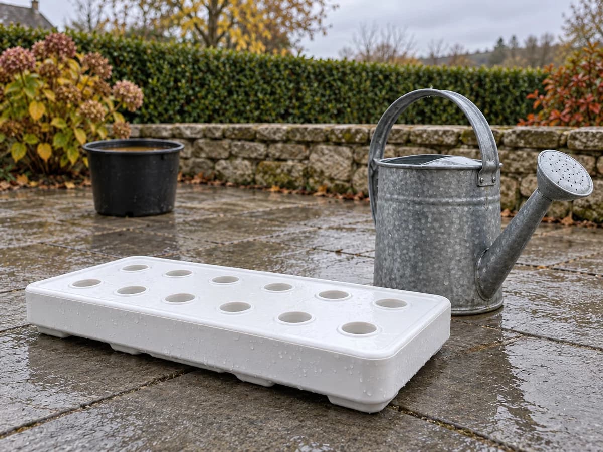 Bac de culture vidé posé sur une terrasse, un arrosoir d'eau claire à côté et un seau de solution ambrée en retrait