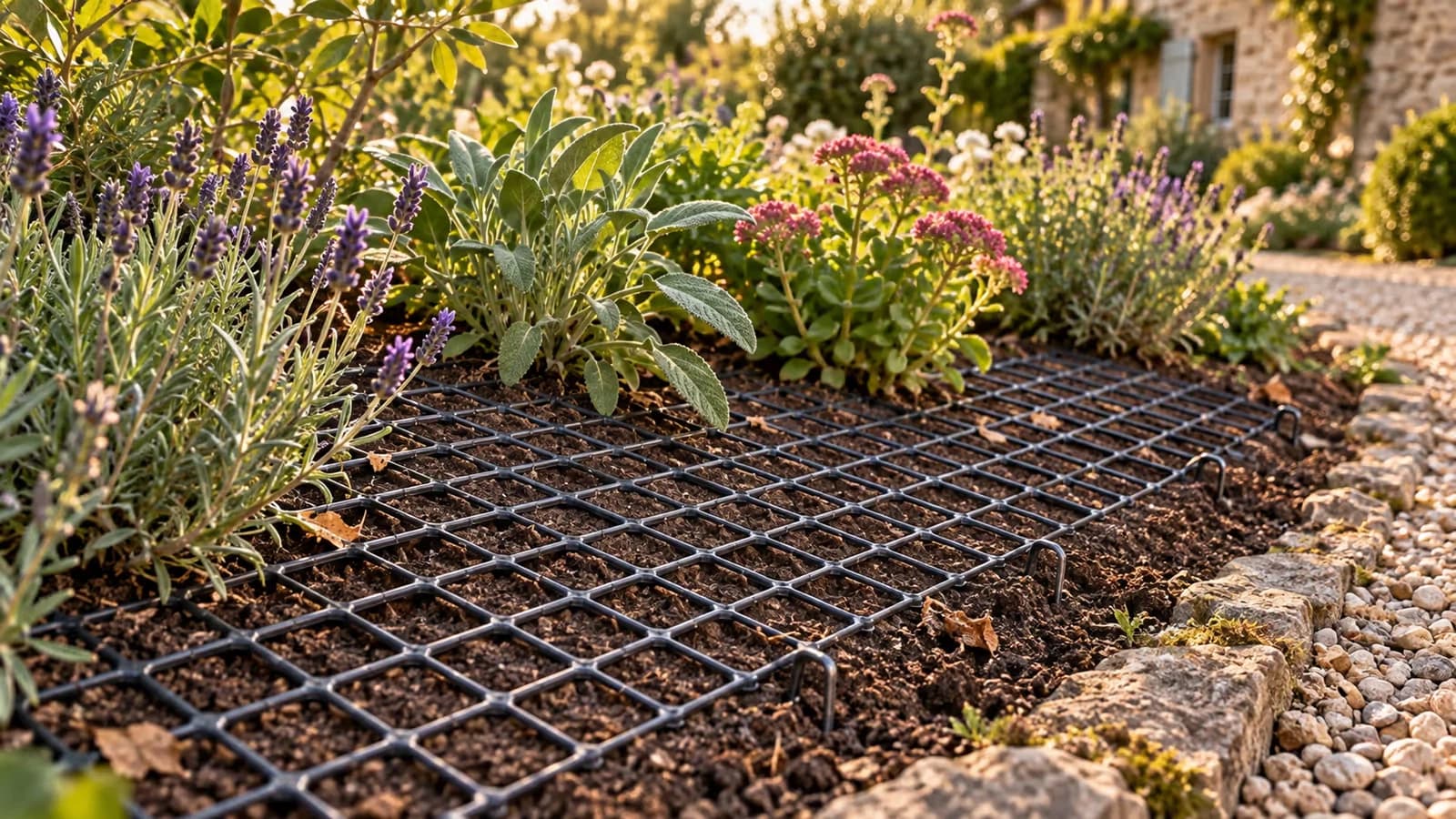 Massif de fleurs protégé par un grillage posé au sol empêchant les chats de gratter la terre