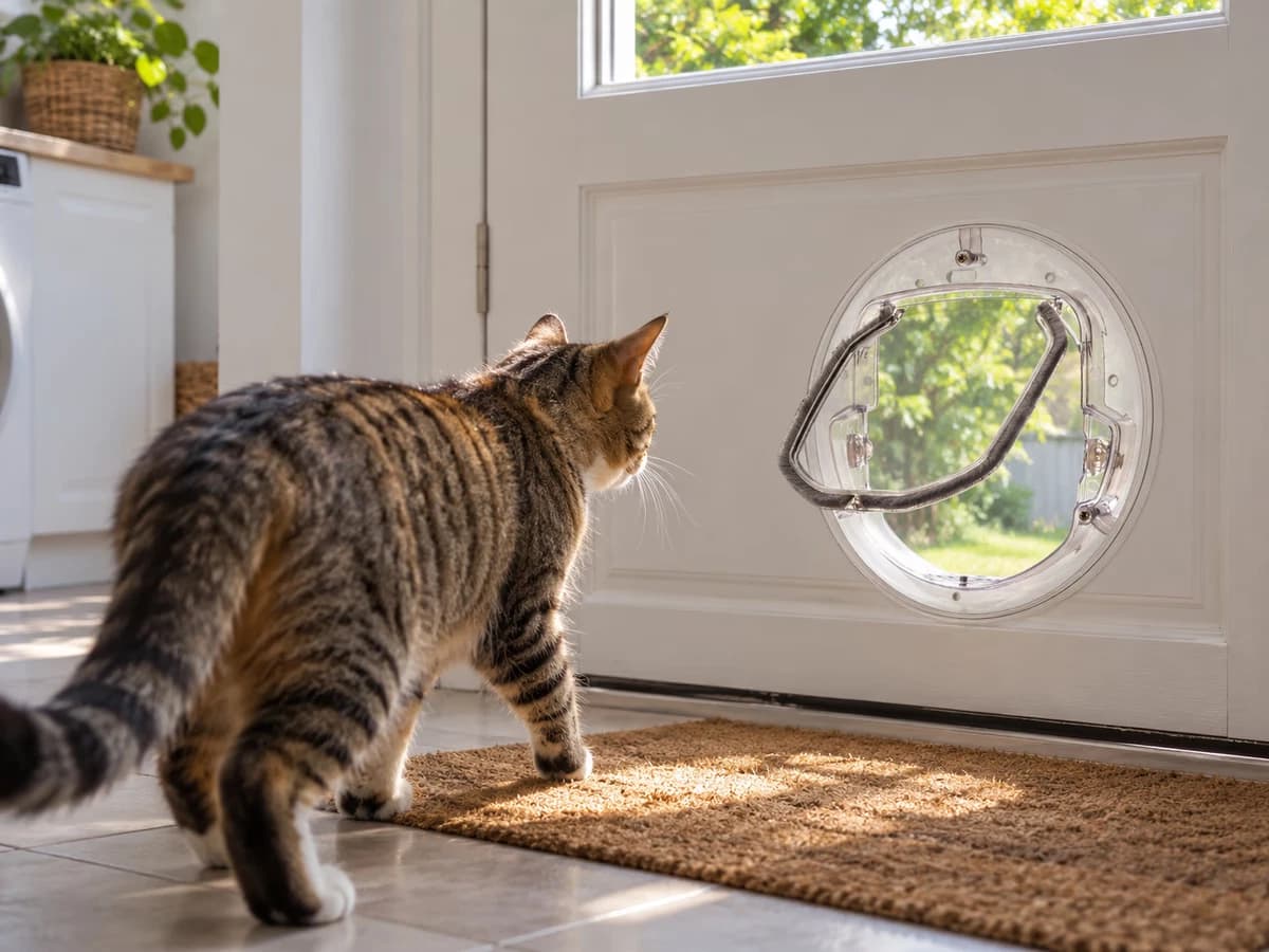 Chat tigré à poitrail blanc passant la tête dans une chatière ronde encastrée en bas d'une porte de maison lumineuse