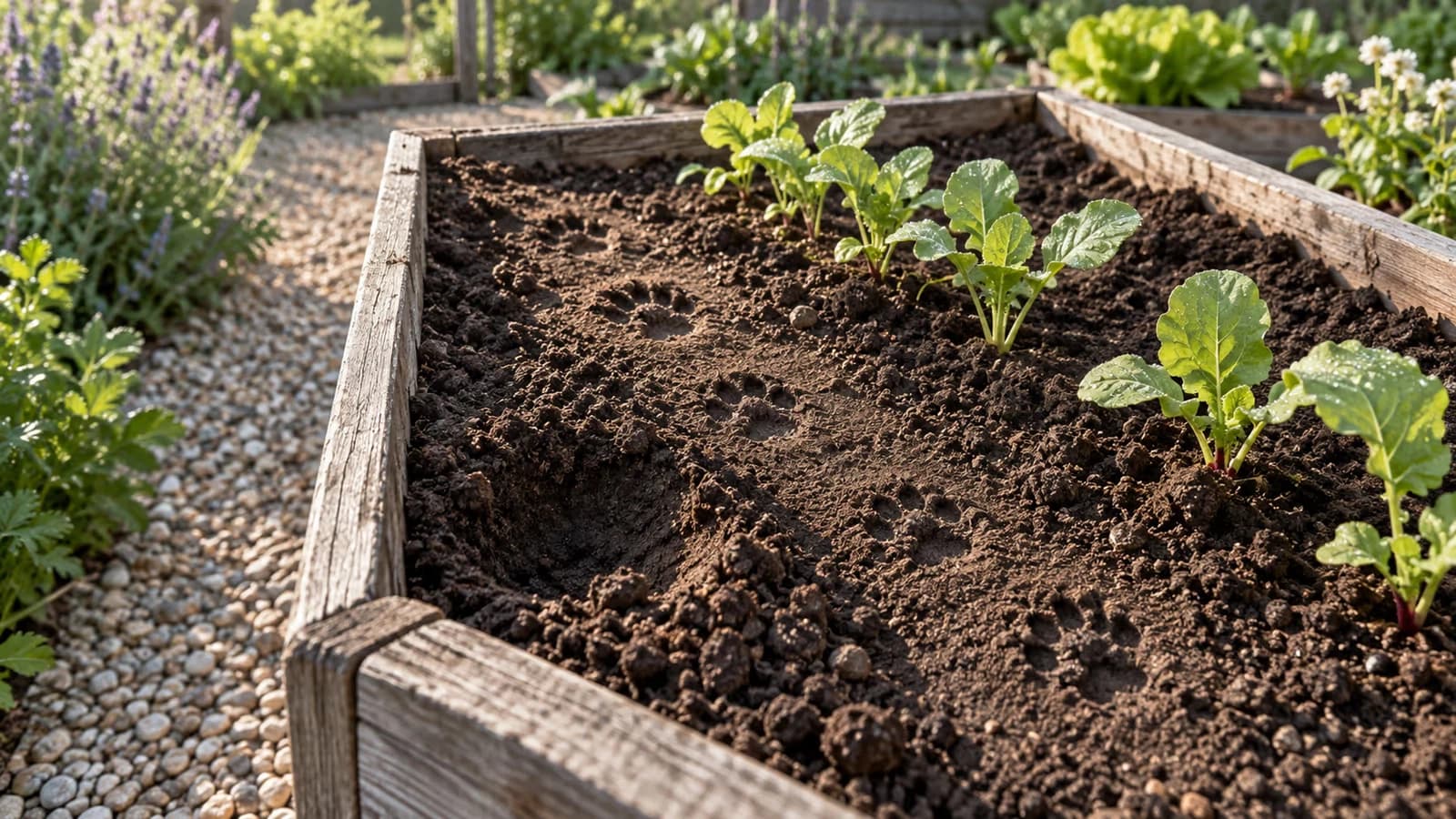 Terre meuble d'une jardinière creusée en cuvette au pied de jeunes plants, traces de pattes visibles au printemps