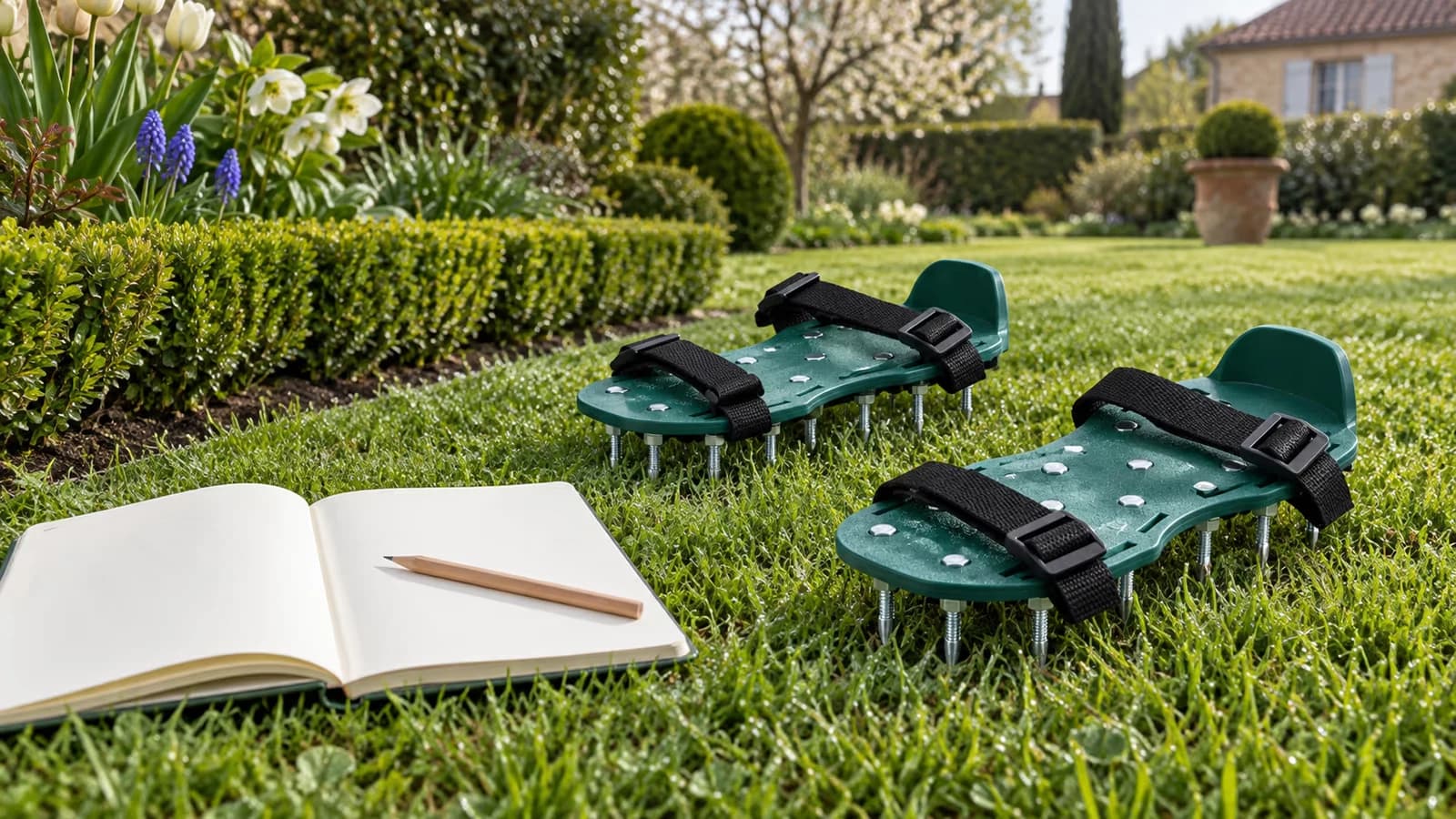 Pelouse verte au printemps avec carnet de jardinier ouvert posé sur la bordure, calendrier des travaux du gazon