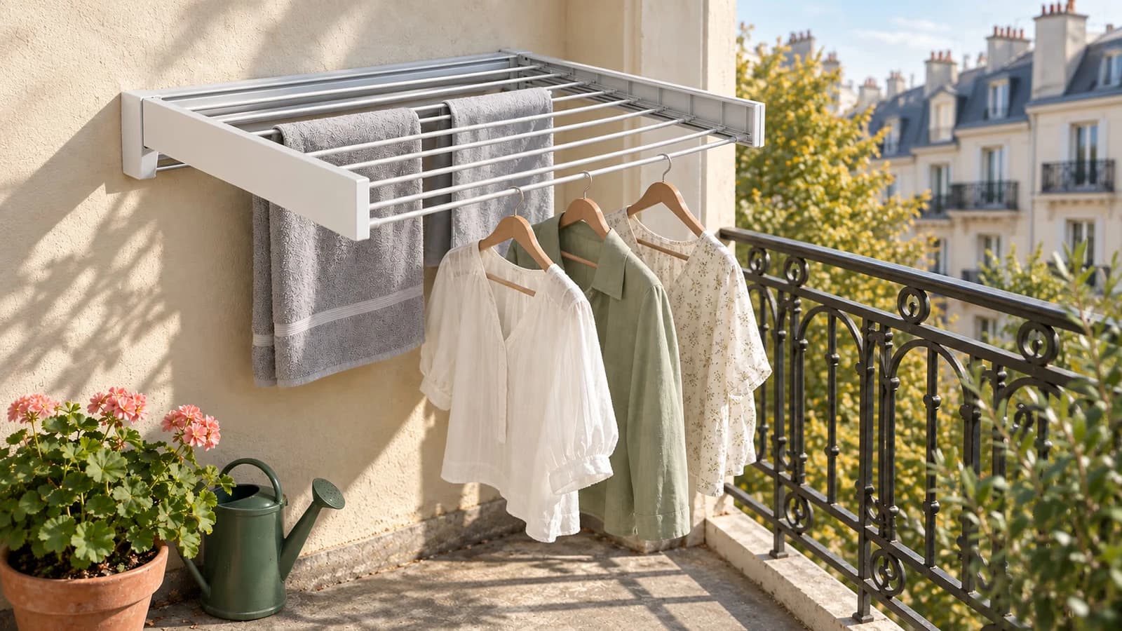 Étendoir à linge mural en aluminium déployé sur un balcon étroit, deux niveaux de barres garnis de linge clair, garde-corps et façade en arrière-plan