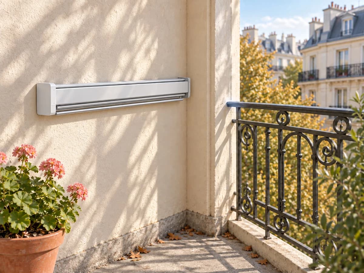 Étendoir mural en aluminium replié à plat contre le mur d'un balcon, barres rabattues, vue de trois quarts montrant le faible encombrement