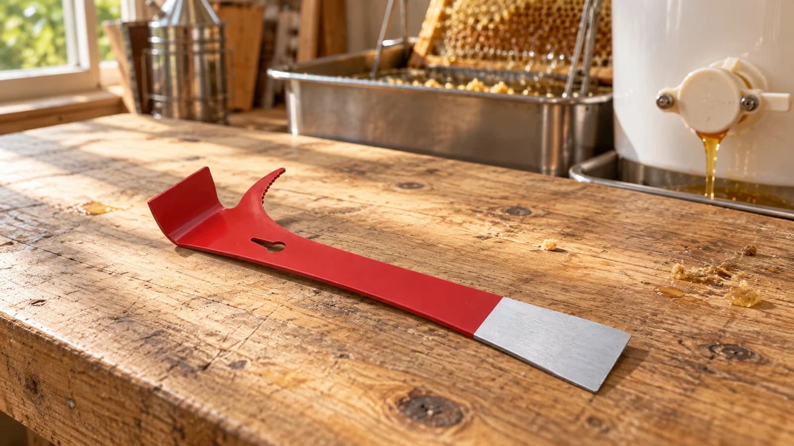 Levier-grattoir apicole posé sur une table de miellerie, lame plate en inox à une extrémité et crochet dentelé à l'autre, un bac de récolte en arrière-plan
