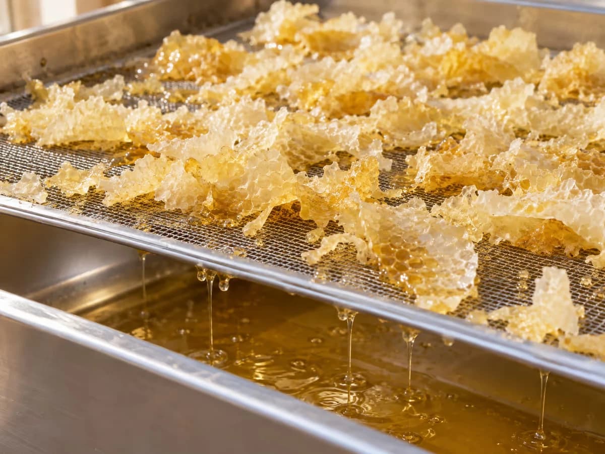 Opercules de cire jaune pâle égouttés sur une grille fine posée au-dessus d'un bac de récolte en inox