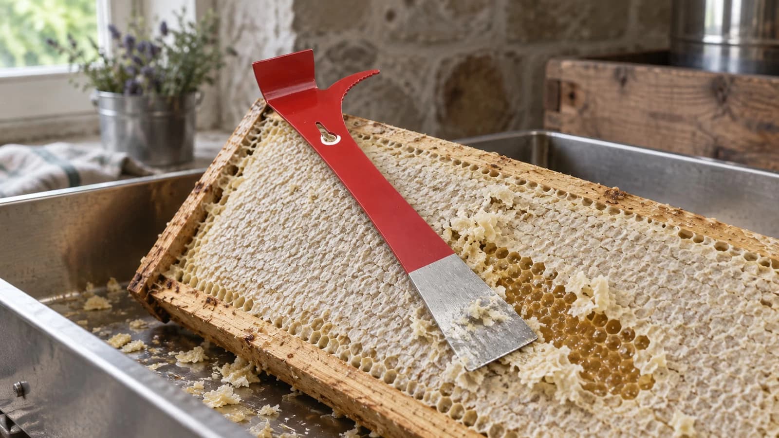 Cadre de ruche aux cellules operculées de cire claire posé en appui au-dessus d'un bac de récolte en inox, lame plate d'un levier apicole posée à plat sur les alvéoles