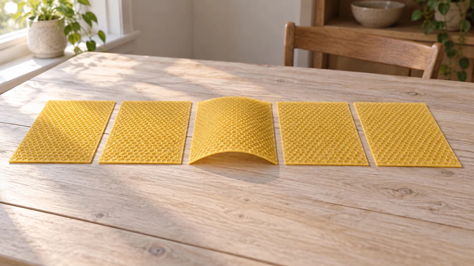 Feuilles de cire gaufrée jaune pâle posées sur une table claire, l'une bombée au milieu et les autres bien à plat