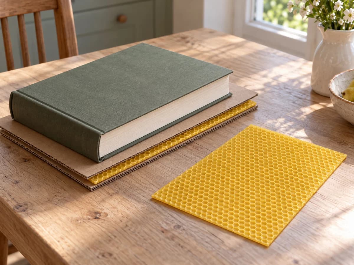 Deux cartons plats superposés avec une feuille de cire gaufrée prise entre eux et un livre posé dessus, sur une table de cuisine