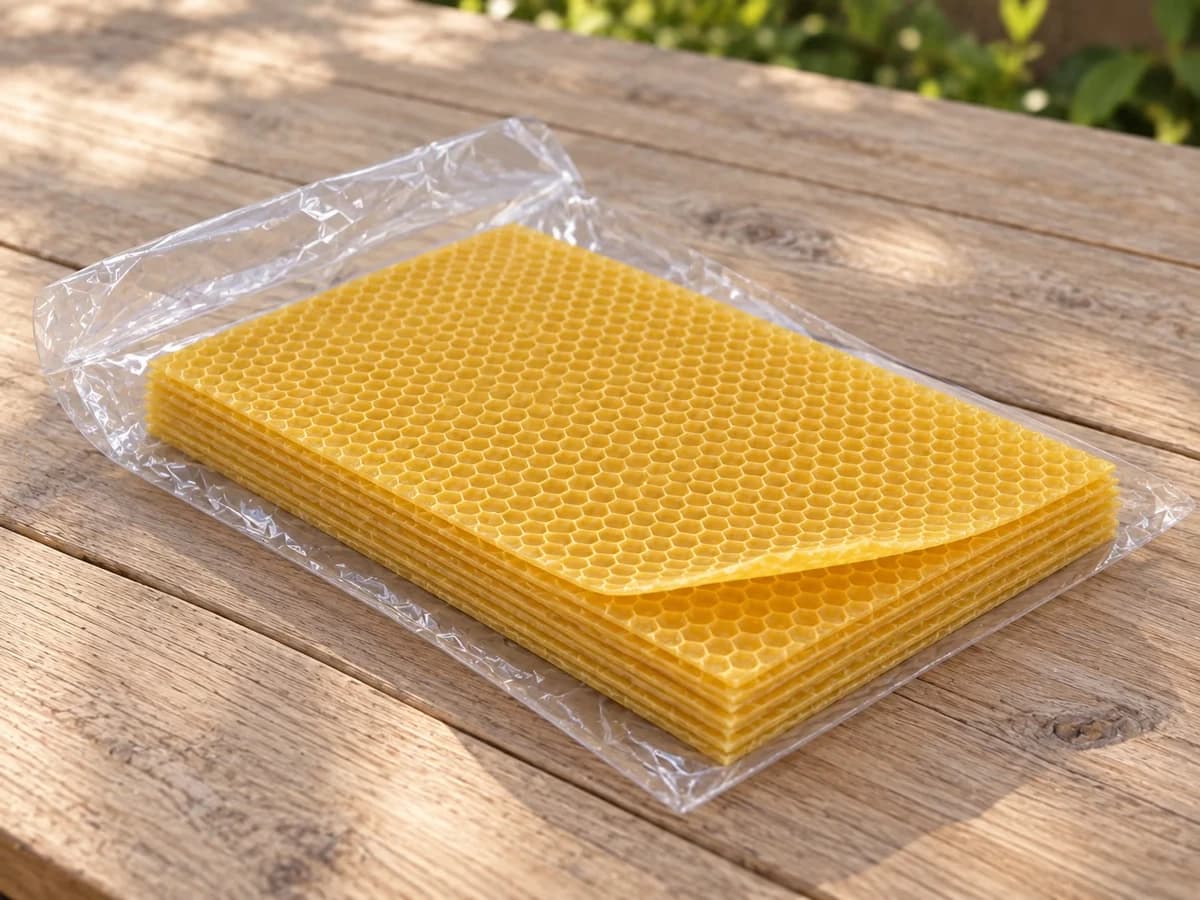 Sachet transparent ouvert posé à plat sur une table en bois clair, dix feuilles de cire gaufrée empilées dont une légèrement cornée