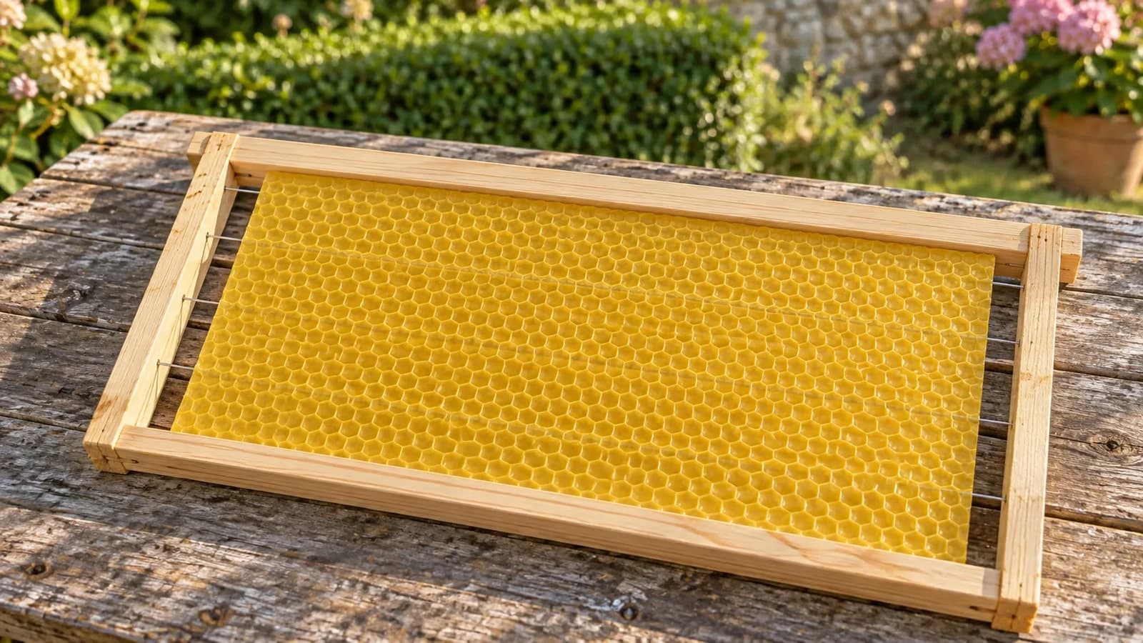 Cadre de ruche posé à plat sur une table de rucher, fil métallique tendu d'un montant à l'autre sous une feuille de cire gaufrée