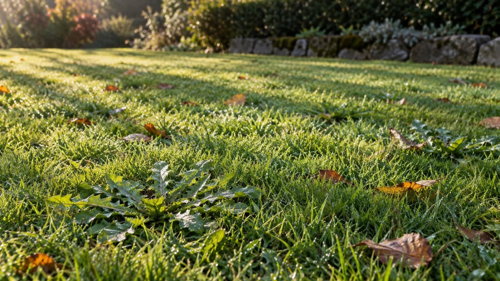 Pelouse de jardin en début d'automne, rosettes de pissenlit jeunes et plaquées au sol dans une herbe courte et dense, lumière rasante du matin