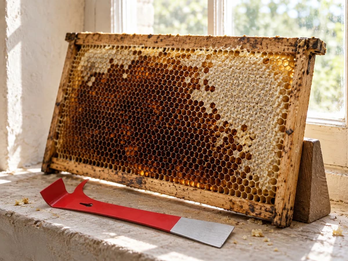 Cadre de ruche incliné à contre-jour devant une fenêtre de miellerie, alvéoles ouvertes et plaques de cire encore fermées le long du montant en bois