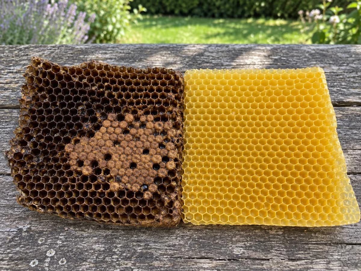 Rayon ancien posé à plat contre un cadre neuf, alvéoles comblées et cire très sombre d'un côté, cire jaune clair de l'autre