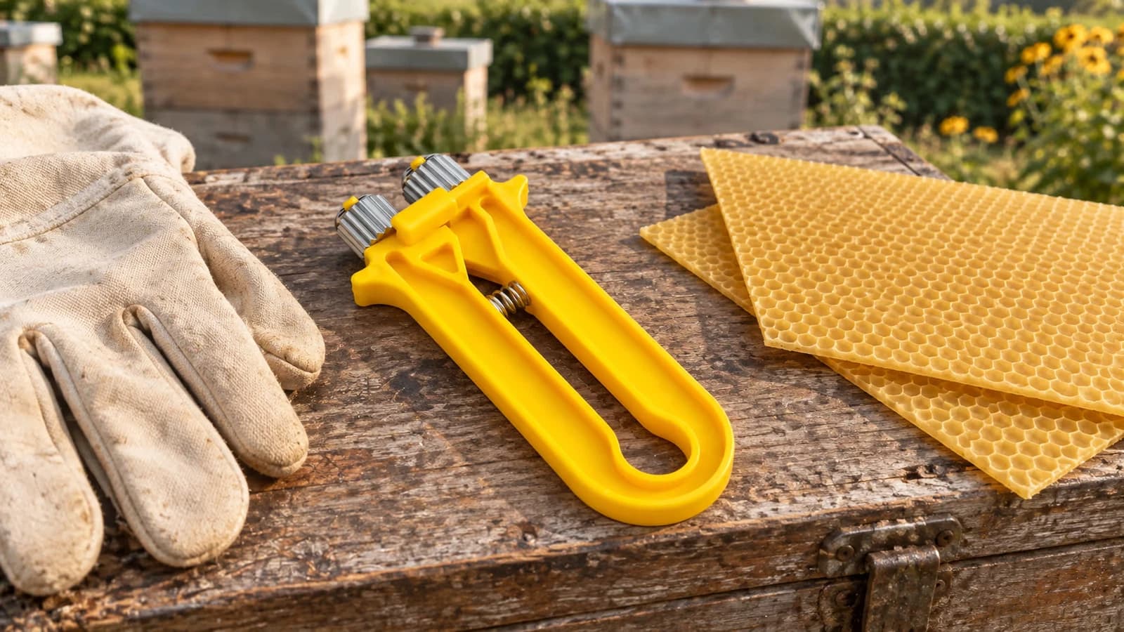 Tendeur de cadre jaune posé sur une caisse à outils en bois au rucher, molettes crantées et ressort visibles