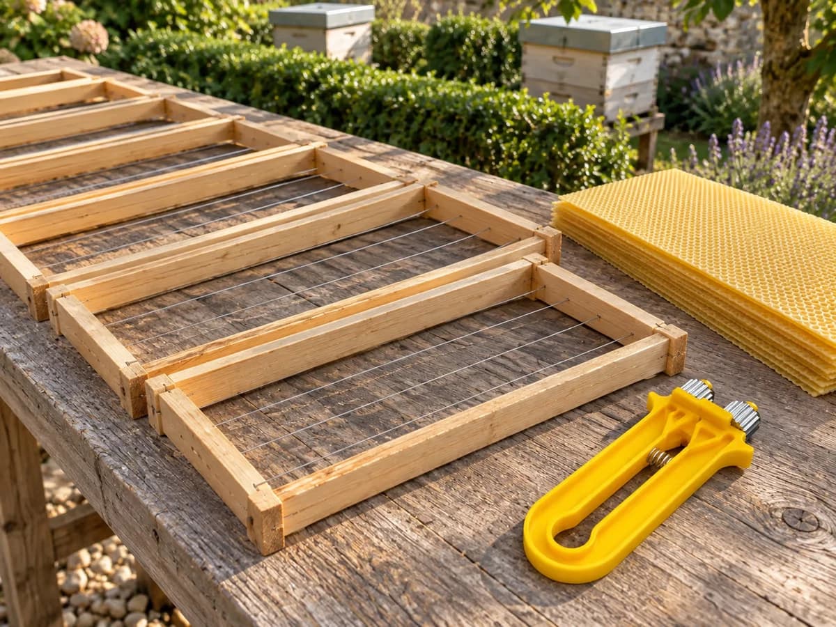 Plusieurs cadres de ruche alignés à plat sur une table de bois au rucher, feuilles de cire gaufrée neuves posées à côté, tendeur jaune en bout de rangée