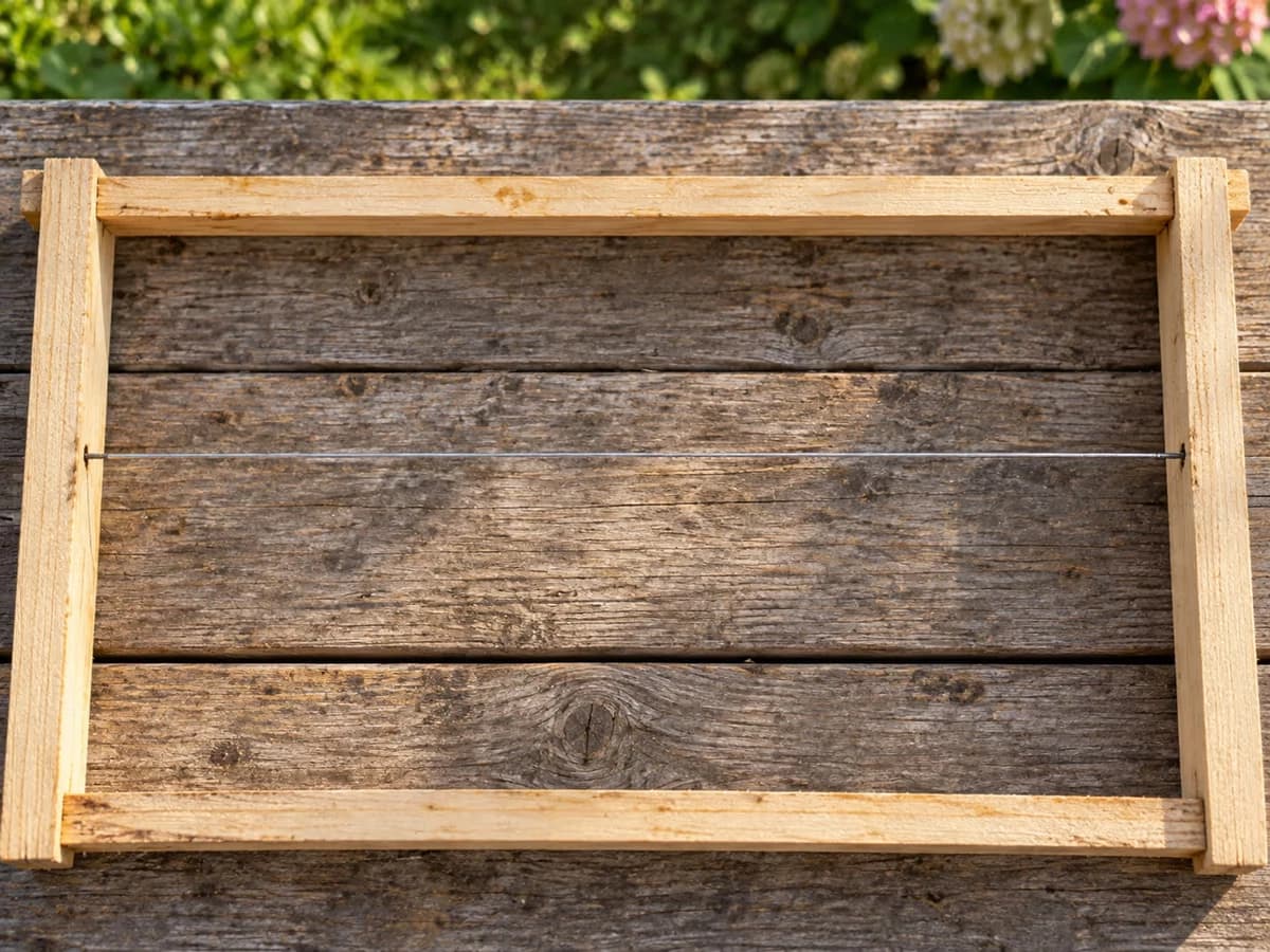 La longueur métallique tendue d'un cadre de ruche vu de près, cadre posé à plat sur une table de rucher, montants en bois de part et d'autre