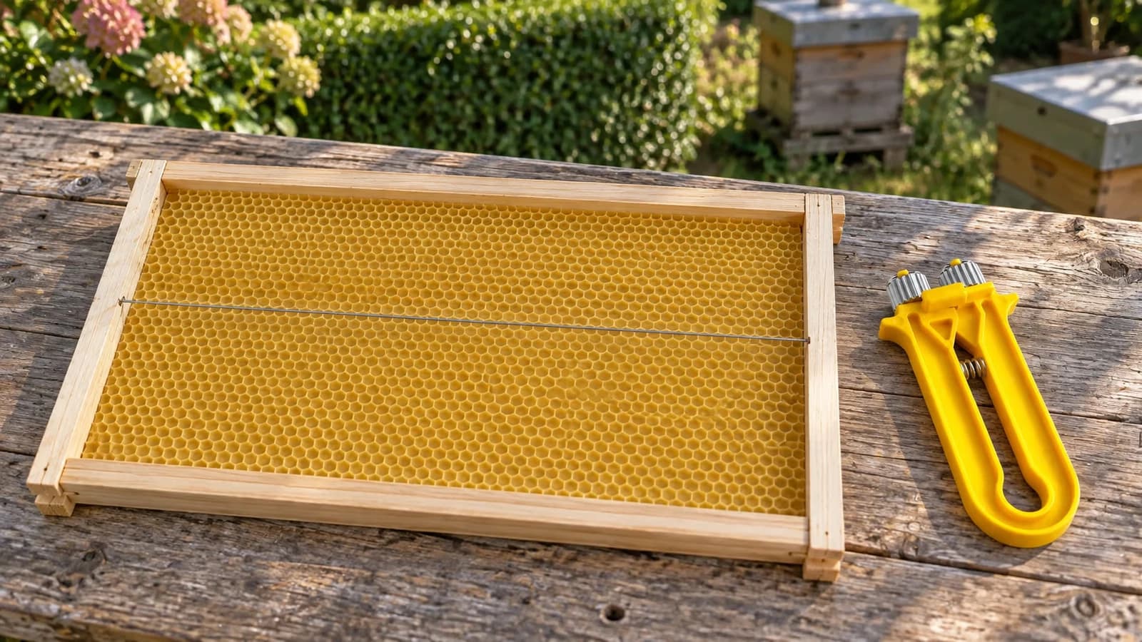 Cadre de ruche en bois posé à plat sur une table de rucher, fil de fer horizontal au-dessus d'une feuille de cire, tendeur jaune posé à côté