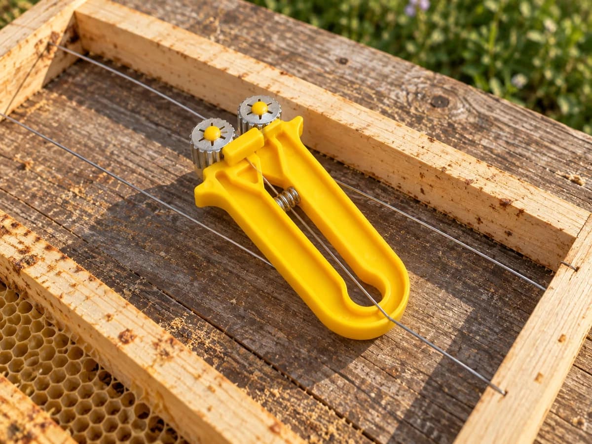 Tendeur de cadre jaune posé sur la longueur métallique d'un cadre de ruche à plat, traction de l'outil le long du fil, molettes crantées en appui