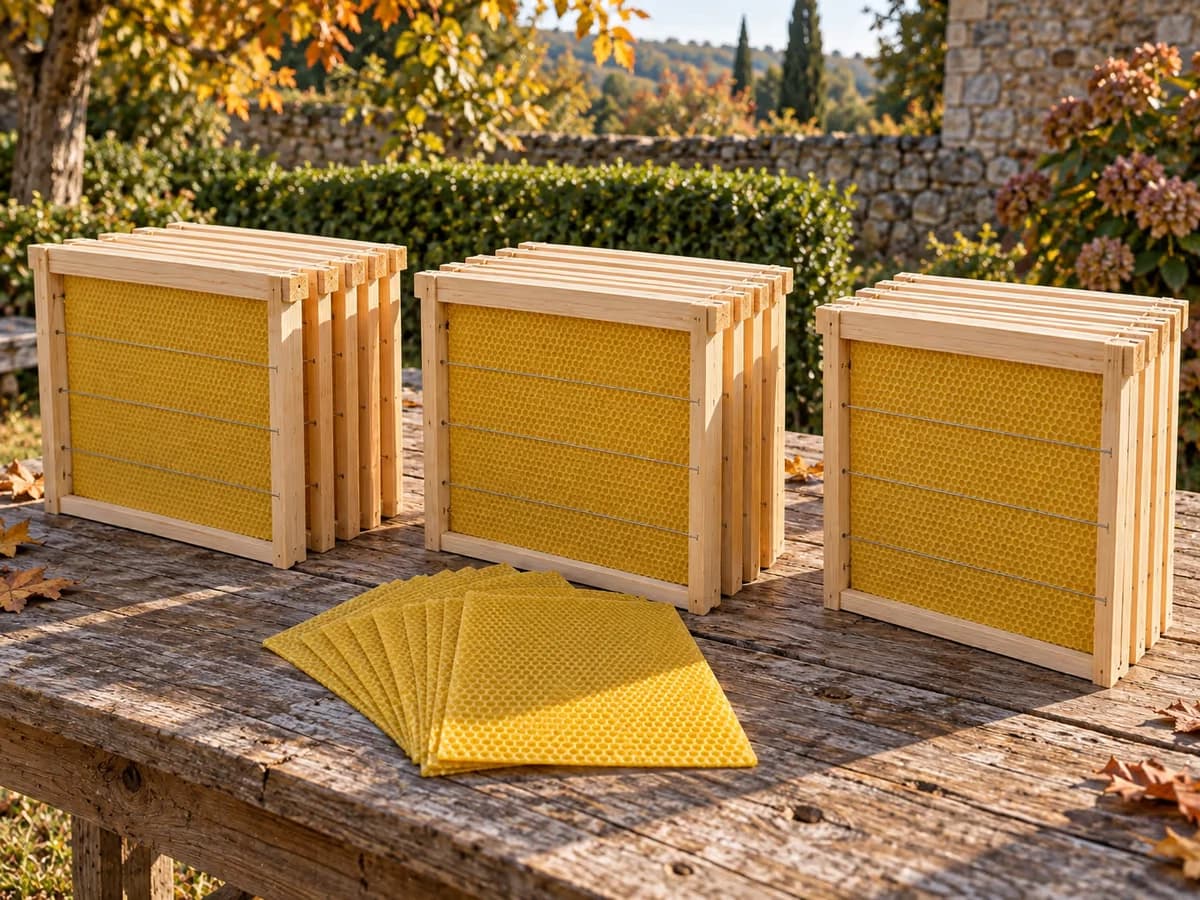 Trois piles de cadres de ruche séparées sur une table de rucher, feuilles de cire gaufrée et bois clair sous une lumière rasante