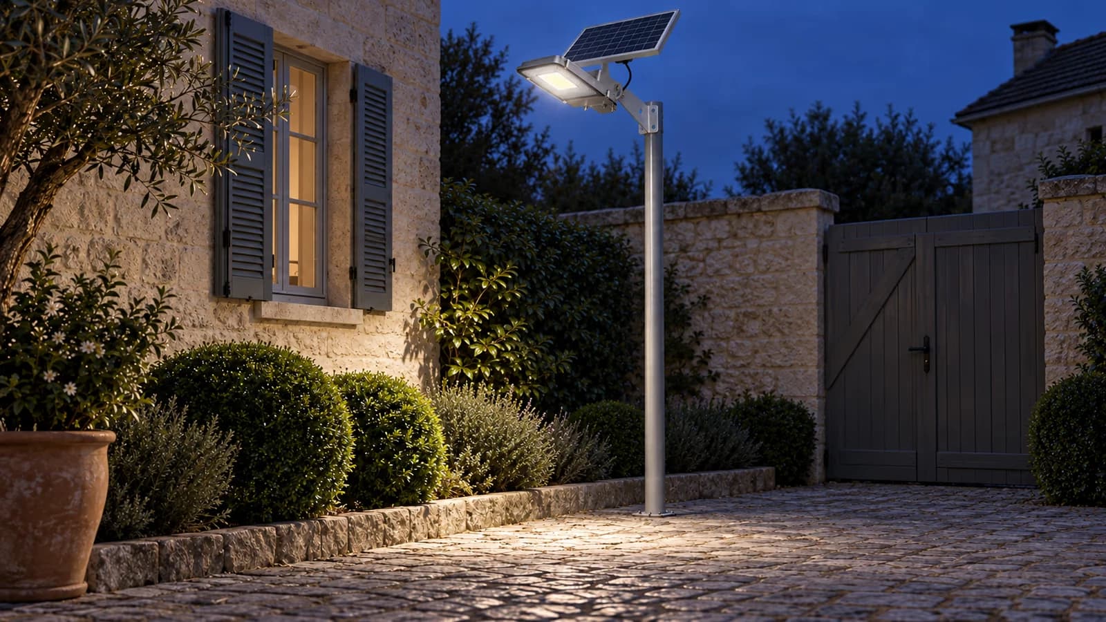 Lampadaire solaire en aluminium fixé sur un mât dans une cour pavée au crépuscule, panneau solaire dégagé