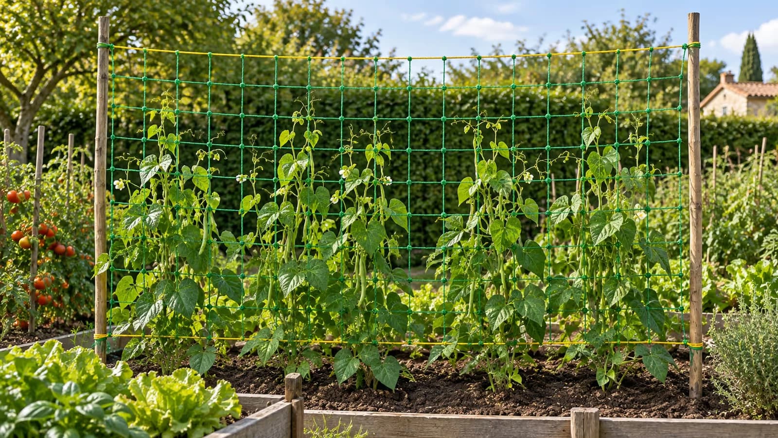 Filet à ramer vert tendu entre deux piquets de bois au fond d'un potager français, haricots à rames en début de saison au premier plan