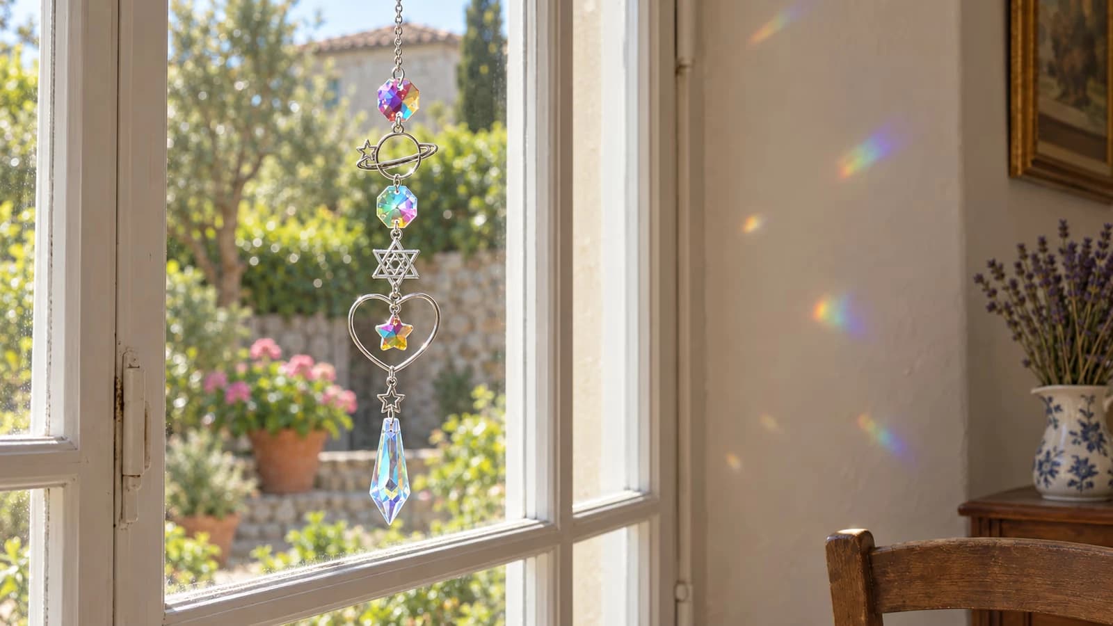 Chaîne de cristal à sept figures suspendue devant un carreau ensoleillé, taches colorées projetées sur le mur clair d'en face