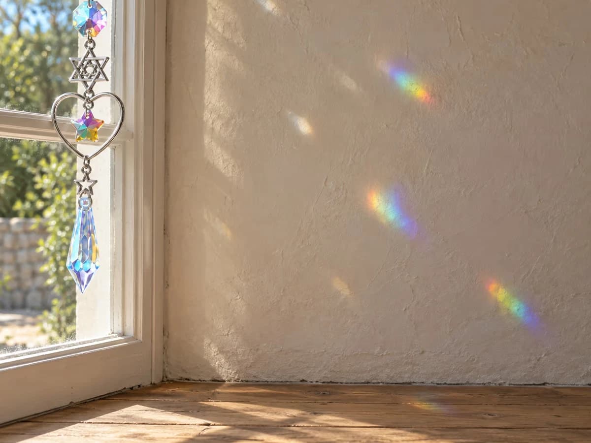 Taches de couleur et reflets irisés projetés sur un mur clair par une suspension de cristal devant un carreau ensoleillé