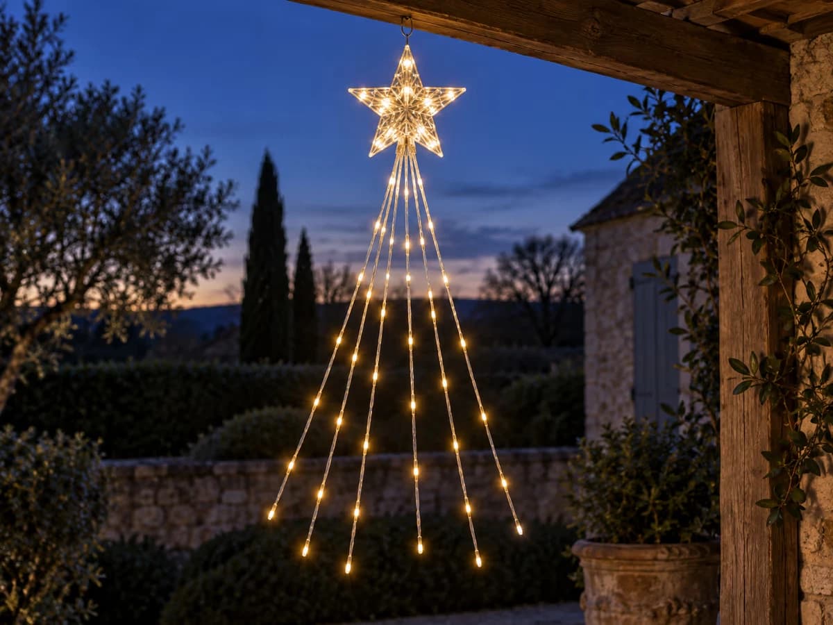 Étoile solaire aux cascades de LED allumées à la tombée du jour, suspendue sous un auvent de terrasse